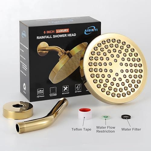 AISINYI High Pressure Rainfall Shower Head, 6 Inches Showerhead with Perfect Adjustable Replacement, Removable Restrictor, Easy Installation for Your Bathroom Shower Heads (Deluxe Gold + Shower Arm) thumbnail 5
