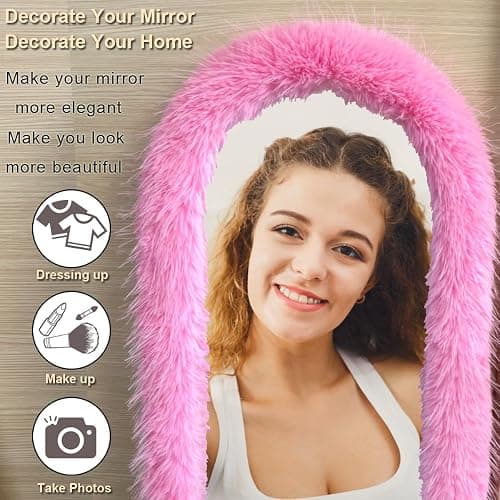 UYRIE Fluffy Mirror Cover - 59"x16" Full Length Stretch Universal Ultra Soft Non-Slip Cover Warm Home Decor for Bedroom Cloakroom (Pink-Without Mirror, Suitable for 59"×16") thumbnail 2