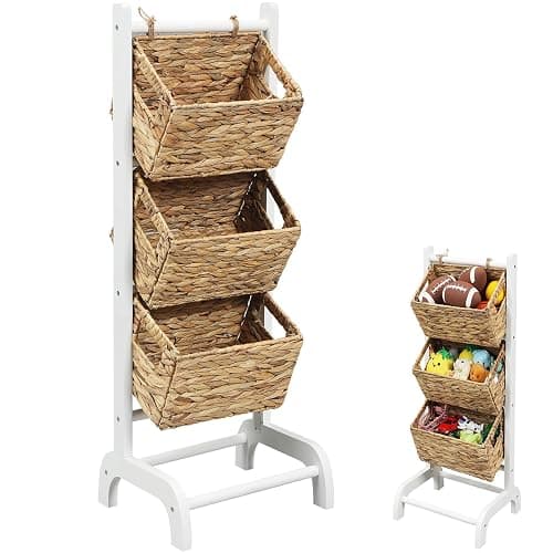 Menkxi Wicker 3 Tier Foldable Storage Basket Floor Rack with Market Storage Basket Water Hyacinth Storage Rack Hand Woven Laundry Rack for Bathroom Kitchen Laundry Room Living Room Storage(White) - Image 1