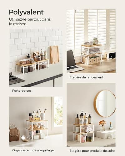 SONGMICS Étagère à Épices, Lot de 2, Organisateur de Placard, Étagère de Rangement de Cuisine Extensible, Porte-épices Empilable, Métal, Bois d’Ingénierie, Blanc Nuage et Beige Naturel KCS02NW thumbnail 6
