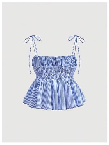 MakeMeChic Women's 2 Piece Summer Outfits Striped Tie Shoulder Peplum Shirred Tops and Shorts Set thumbnail 4