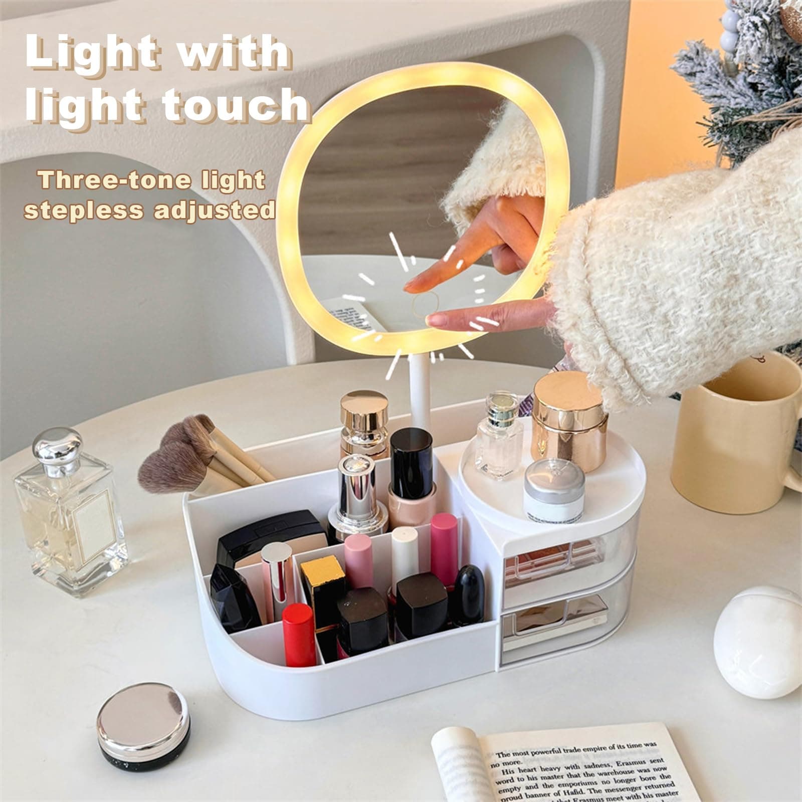 DASITON Makeup Organizer with Rechargeable Mirror,Makeup Brush Holder with 2 Drawers,Skincare and Cosmetics Organizer Countertop,Large Capacity Cosmetic Display Case for Vanity,Bedroom,Bathroom(White) thumbnail 3