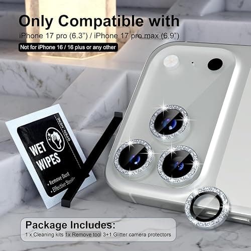 Choiche Compatible for iPhone 17 Pro/iPhone 17 Pro Max Camera Lens Protector Bling, 9H Tempered Glass Camera Cover Screen Protector Metal Ring Decoration Accessories (Glitter-Silver) thumbnail 2
