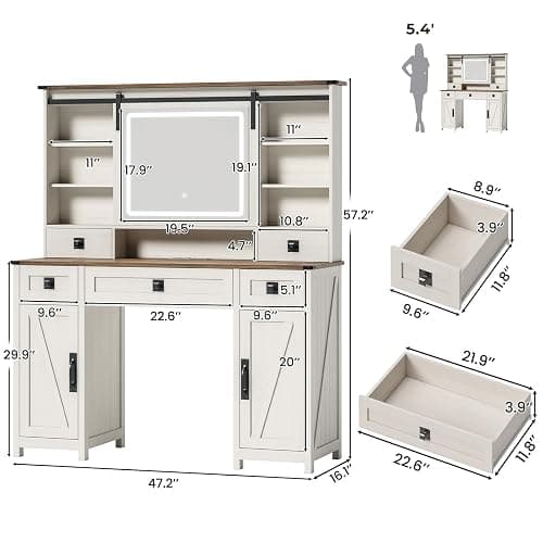 MSmask Farmhouse Makeup Vanity Desk with Sliding Mirror and Lights, 47.2" Big Vanity Table with Charging Station, Makeup Desk with 5 Drawers & 2 Cabinets, White thumbnail 2