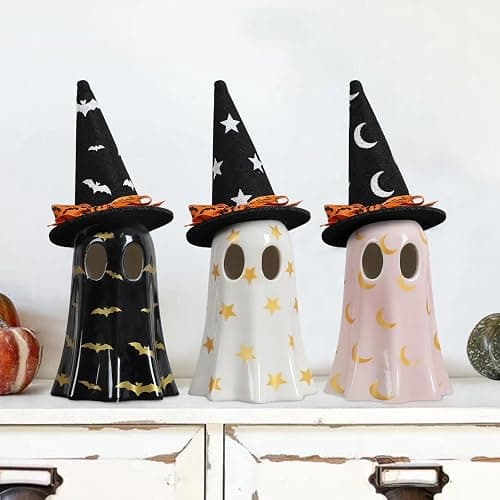 DAZONGE Set of 3 Halloween Ceramic Ghost Halloween Decorations Indoor | Ceramic Ghost Figurines with Witch Hats for Indoor Halloween Decor. Cute Spooky Ghost Decor for Mantel, Shelf or Tabletop thumbnail 3