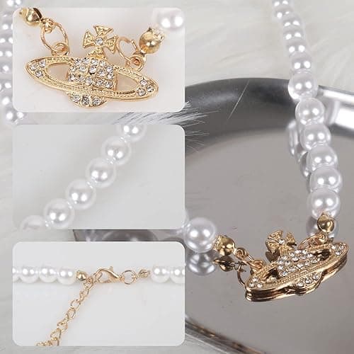 Yunison Pearl Saturn Necklace Rhinestone Pendant Planet Choker Retro Jewelry for Women Birthday Party Anniversary - Saturn-Gold thumbnail 3