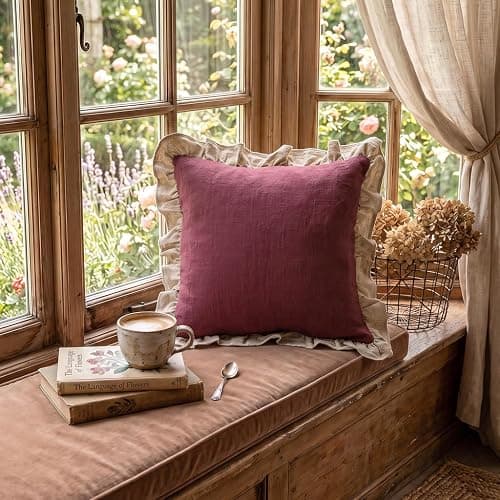 patdrea Vintage Red Linen Throw Pillow Covers,Set of 2,18"x18"-Kubum | Decorative Pillow Cover for Couch Living Room Bedroom Sofa,Rustic Farmhouse Design,Solid Pillow Case with Ruffled thumbnail 8
