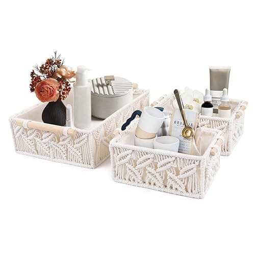 ANMINY 3PCS Macrame Storage Baskets for Organizing Boho Decor Baskets Storage Bins with Wood Handles Handmade Decorative Storage Boxes Desk Toilet Tank Bathroom Self Basket Organizer - Leaves thumbnail 5