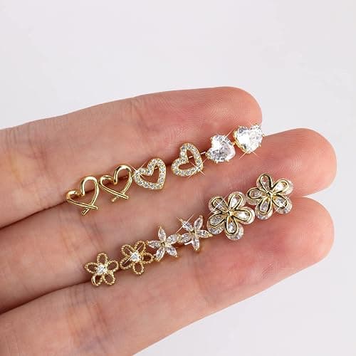 ALEXCRAFT Small Gold Stud Earrings - 6 Pairs Cute Heart Studs for Women - Cubic Zirconia - Hypoallergenic - Pack thumbnail 5