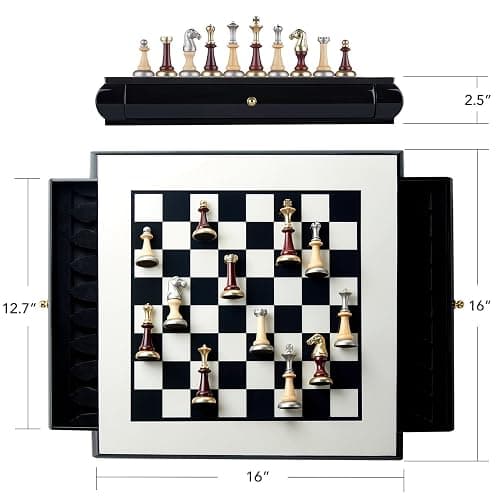AMEROUS 16 Inches Wooden Chess Set, Large Size Board with 2 Built-in Storage Drawers - 2 Extra Queens - Metallic & Wooden Chess Pieces - Gift Packaging, Board Games for Adults and Kids thumbnail 3