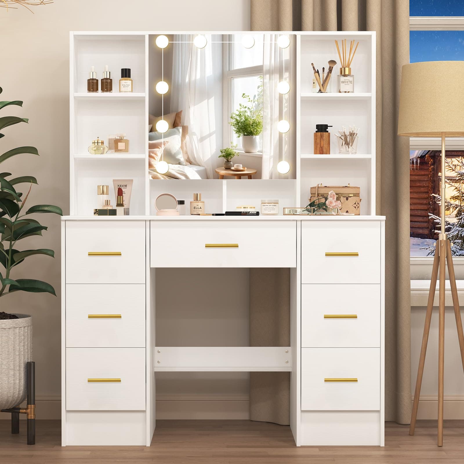 Umeiga Large Vanity Table, Vanity Desk with Sliding Mirror and Lights, 3 Adjustable Light Modes, 7 Drawers 8 Open Shelves, 3 Hidding Shelves, Makeup Desk with Metal Handles for Girls and Women, White thumbnail 2