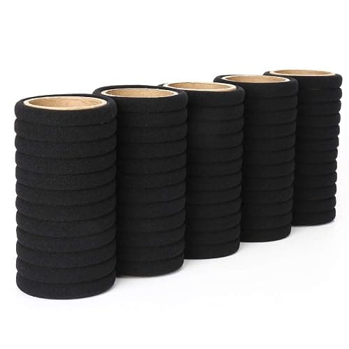 50PCS Black Hair Ties for Women, Cotton S eamless Hair Bands, Elastic Ponytail Holders, No Damage for Thick Hair, 2 Inch in Diameter, by Qarwayoc - Black thumbnail 3