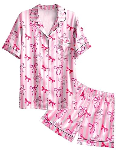 Nidoul Girls Pajamas Satin Pajama Set Silk Pjs Short Sleeve Button Down Summer Bow Sleepwear for Big Kids 7-14Y - Image 1