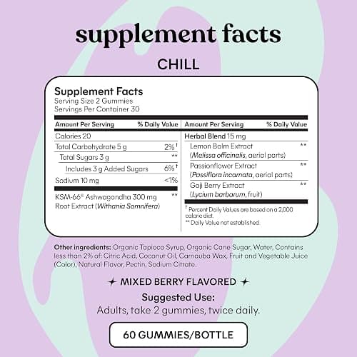 Lemme Chill Stress Relief Gummies with 300mg KSM-66 Ashwagandha, Lemon Balm, Passionflower & Goji to Support Relaxation, Healthy Cortisol & Sleep - Gluten-Free, Non-GMO, Mixed Berry (60 Count) thumbnail 5
