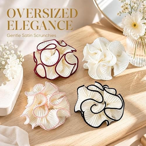 4-Pack Oversized Puffy Hair Scrunchies, Double Layer Satin Ruffle Hair Tie | Lightweight sheer fabric and wide ruffles add soft volume to ponytails, buns and half-up hairstyles without bulky clips. thumbnail 4