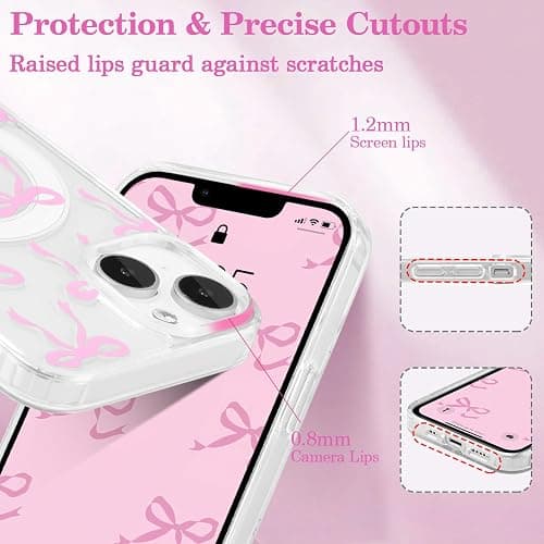 UEEBAI Magnetic for iPhone 14 & iPhone 13 Case, Bow Case Compatible with MagSafe, Wireless Slim Clear Ribbon Phone Cover Anti-Yellowing Shockproof Protective Cover for Women Girl - Pink thumbnail 4
