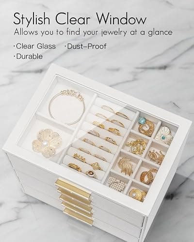 Vlando 5 Layer Jewelry Box for Women, Glass Lid Jewelry Organizer with 5 Drawers for Necklaces Rings Earrings Bracelets - White thumbnail 5