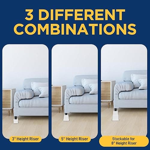 LifeMaster 8pcs Bed Risers Set - 3.5 inch Adjustable Heavy Duty Furniture Risers for Sofa Couch, Great for Under Bed Storage (White) - 3.5inch-8 PACK - White thumbnail 3
