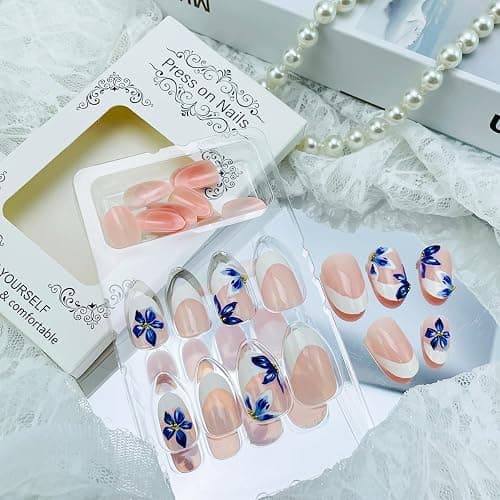 24Pcs White French Tip Press on Nails Medium Almond 3D Flower Fake Nails with Gold Pearl Designs Glossy Artificial Acrylic Full Cover False Nails Blue Floral Nails Summer Press ons for Women Manicure thumbnail 3