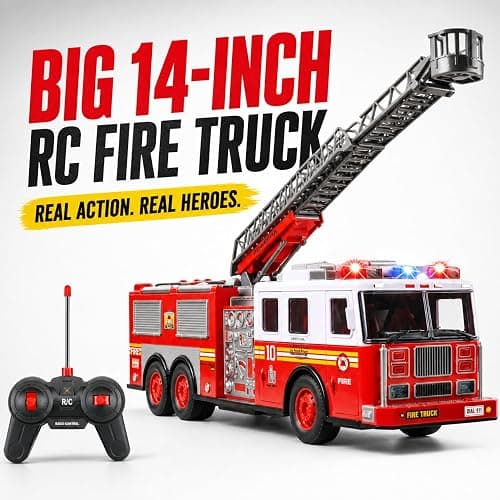 Liberty Imports RC Fire Truck - Big Remote Control Toy Fire Truck - 14" Rescue Fire Engine with Flashing Lights and Siren Sounds, Extendable Rescue Ladder for Kids thumbnail 5