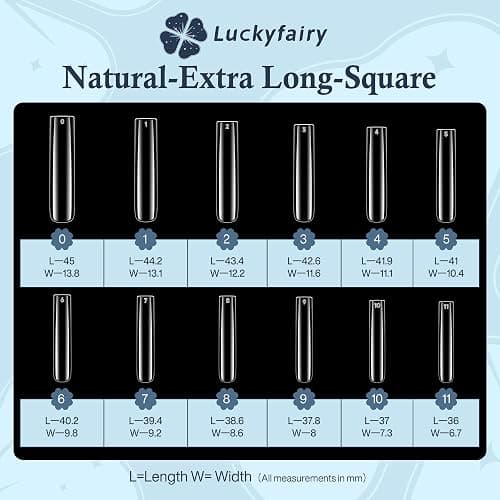 Luckyfairy Extra Long Square Nail Tips, XXL 120Pcs 12 Sizes No C Curve Clear Acrylic Nails Straight Tapered Square Press on False Nail Tips for Nail Extension Nail Art Salon Home DIY thumbnail 7