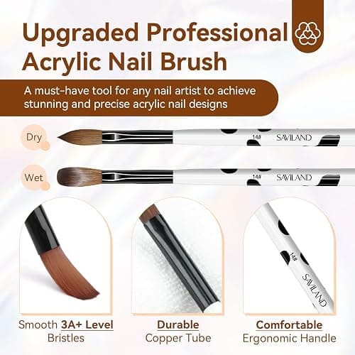 Saviland 3pcs Acrylic Nail Brush Set, Size 8/10/14 Kolinsky Acrylic Nail Brushes for Acrylics Application, Acrylics Powder Nails Art Extension with Black & White Handle for Beginner & Professional thumbnail 4
