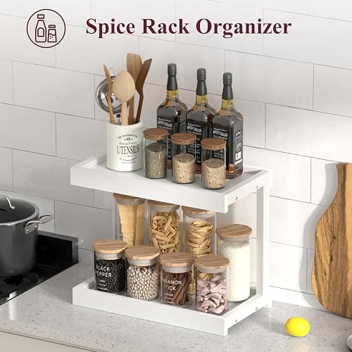 MARTY 2 Tier 15.75"x8.9" Large Countertop Shelf Organizer Spice Rack, Coffee Station Organizer for Mugs Cups, Wooden Shelf Desktop Storage Organizer for Kitchen Bathroom Home Office (White) thumbnail 2