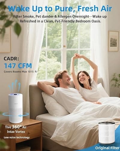 SLEVOO Air Purifier for Home Bedroom up to 1015 ft², Allergies Pet Hair, 3-in-1 Filter with hepa Air Purifier, Ultra Quiet 24 DB Sleep Mode,Aromatherapy,clean for Allergies,Pollutants,Smoke （White） thumbnail 3