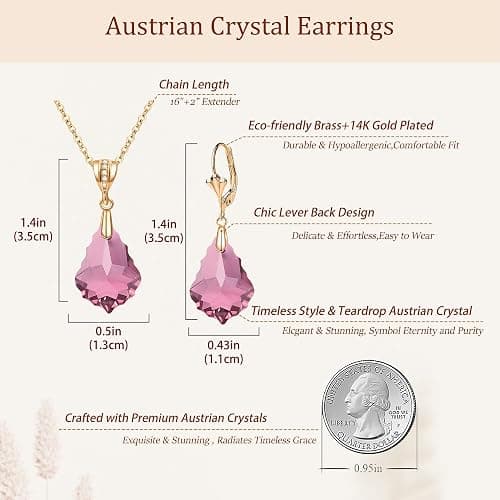 EVEVIC Austrian Crystals Baroque Pendant Necklace Earrings for Women 14K Gold Plated Hypoallergenic Leverback Drop Dangle Earrings Jewelry Set thumbnail 5