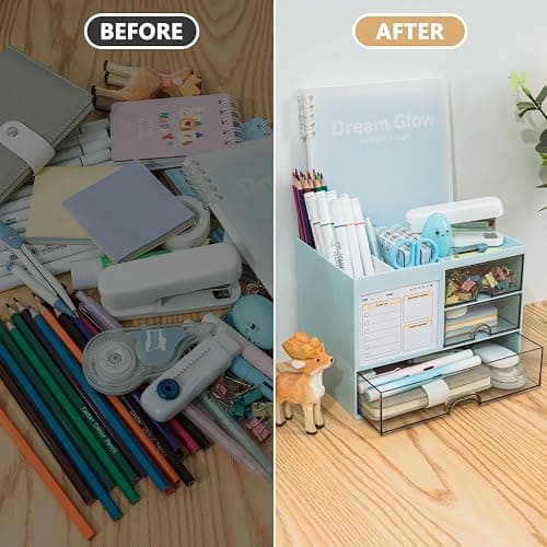 QIYVLOS Desk Organizer with 3 Drawer, Multi-Functional Pencil Pen Holder for Desk, Desk Organizers and Storage with 8 Compartments, Desktop Organizer for Office Home Art Supplies (Blue) thumbnail 5