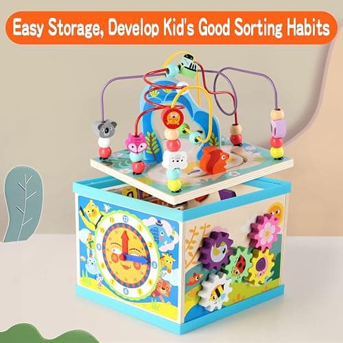 Qilay Wooden Activity Cube for Toddlers 1-3 (Large), 5 in 1 Multipurpose ABC-123 Abacus Bead Maze Shape Sorter | Early Educational Toy for Toddlers - First Birthday Present for Boys Girls thumbnail 5