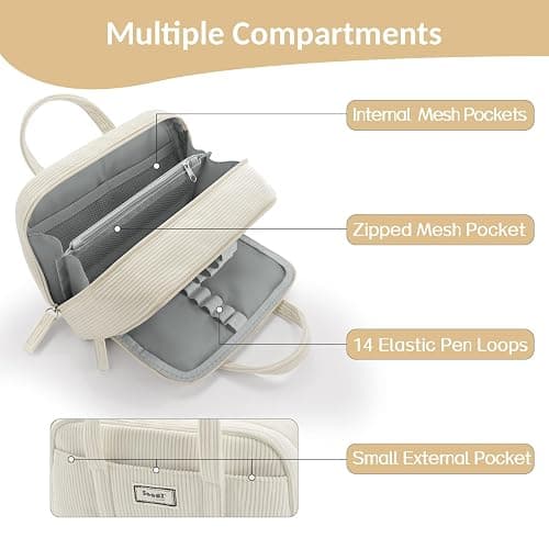 Sooez Large Pencil Case Pouch, Extra Big Pencil Bag with 5 Compartments, Pen Bag Wide Opening, Soft Corduroy Pencil Pouch Organizer with Zipper, Cute Aesthetic School Supplies for Teen Girls-Beige thumbnail 5