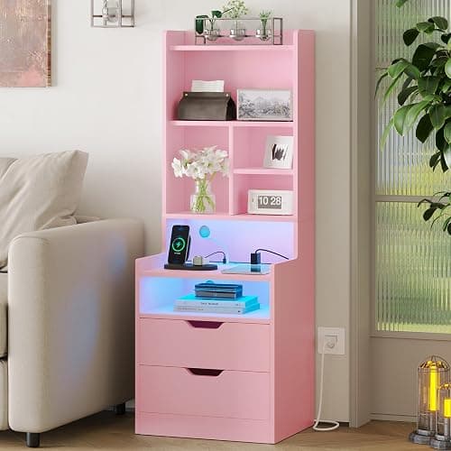 ADORNEVE Tall Nightstand Set of 2 with LED Lights,Pink | Tall Night Stand with Charging Station and Bookshelf,Bedside Table with Drawers,Side Tables Bedroom thumbnail 8