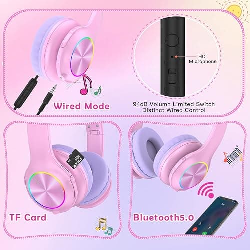 2024 Bluetooth Kids Headphones Fit for Aged 3-21, Colorful LED Lights Comfort Wireless Headphones with Microphone 94dB Volume Limited for School/iPad/PC/TV/Cellphones, Wired & TF Card Mode, Pink - Pink thumbnail 5