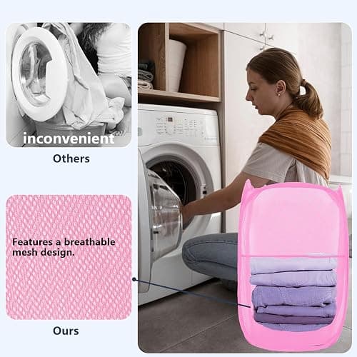 LXLOVESM Pop Up Laundry Hamper, Mesh Laundry Basket Collapsible, Foldable Hamper for Travel and Storage (Pink) thumbnail 5