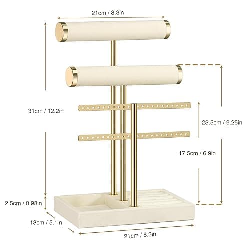 3 Tier Bracelet Holder Display - Detachable T Bar Beige Velvet Bracelet Holder, Jewelry Holder Organizer for Bracelet, Necklace, Earrings, Rings thumbnail 4