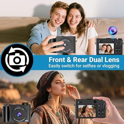 4K Digital Camera for Photography and Vlogging, 64MP Compact Autofocus Video Camera with Dual Lens, Anti-Shake, 16X Zoom, Flash, 32GB SD Card & 2 Batteries, for Teens & Beginners (Black) thumbnail 5