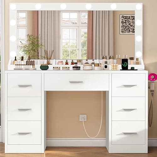 FIONESO Vanity with Large Mirror and 12 LED Lights, Vanity Desk with 7 Drawers & Hairdryer Holder, Makeup Vanity Desk with Charging Station for Women, Girls, 3 Lighting Color Adjustable, White - Image 1