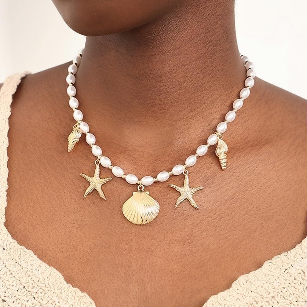 Dainty Gold Starfish Conch Oval Pearl Seashell Necklace for Women, Boho Statement Beaded Chain, Beach Holiday Party Jewellery thumbnail 3