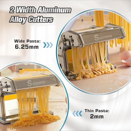 Sailnovo Pasta Maker Machine, 180 Roller Pasta Maker, 9 Adjustable Thickness Settings 2-in-1 Noodles Maker with Rollers and Cutter, Perfect for Spaghetti, Fettuccini, Lasagna or Dumpling Skin Silver thumbnail 5