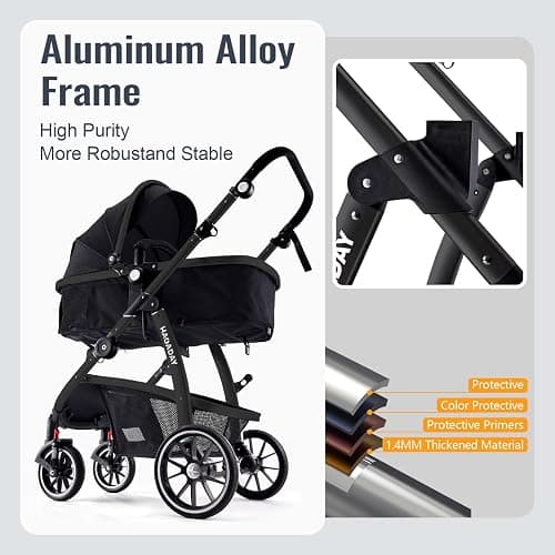 Baby Stroller, 2-in-1 Reversible Toddler Seat with Lie-Flat Mode, Foldable Infant Stroller with Canopy, One Button Brake, Adjustable Handle, Newborn Pushchair (Black B) thumbnail 4