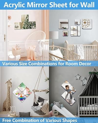 NKJVE Unbreakable Mirror Tiles Self Adhesive,4PCS 8”x8” Toddler Mirror for Classroom Decor, Peel and Stick On Small Mirrors for Wall Decor, Shatterproof Plastic Mirrors Stickers for Kids Decorative thumbnail 2