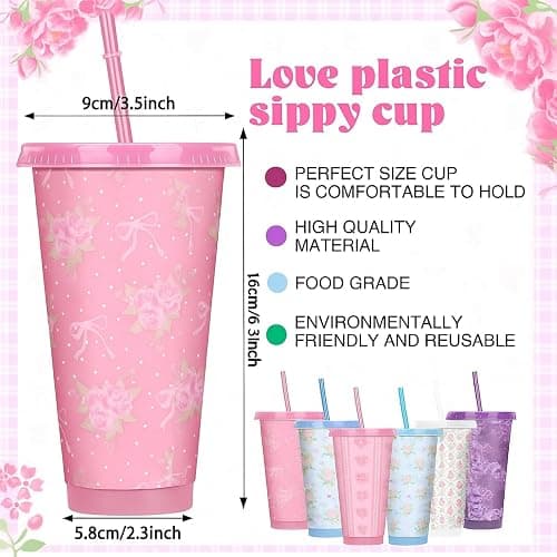 Zhehao 12 Pack Bow Floral Cups Plastic Coquette Bow Straw Tumblers Cold Cups with Lids and Straws Bulk for Iced Coffee 24 oz Reusable Travel Mug Cup Gifts for Girl Women Mom Adults thumbnail 3