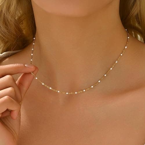 NONAMOIS Gold Chain Necklace for Women Dainty 18K Gold Plated Thin Satellite Beaded Turquoise Necklace Simple Layered Boho Jewelry Christmas Gifts thumbnail 4