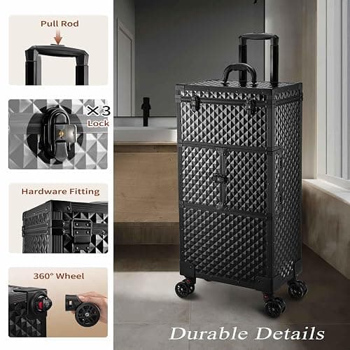 Joligrace Cosmetology Case on Wheels, Rolling Makeup Case for Hairstylists & Makeup Artists， Lockable Professional Make up Case Salon Trolley Cart with Hairdryer Holder for Salon/Barber/Travel, Black thumbnail 8