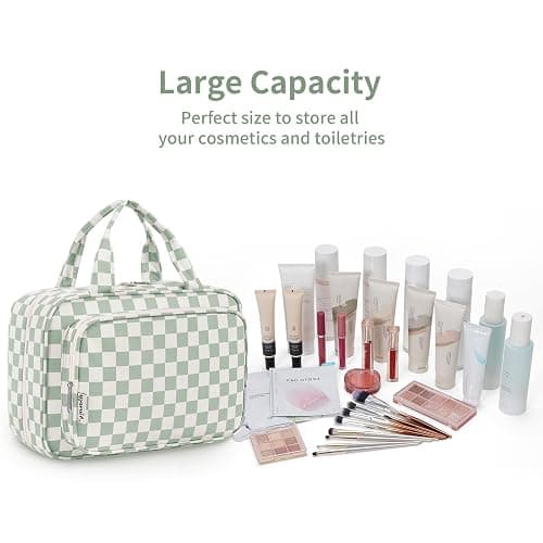 Narwey Travel Toiletry Bag for Women Large Hanging Makeup Bag Organizer Toiletries Bag for Full Size Essentials Accessories Cosmetics (Mint Green Checkerboard (Large)) thumbnail 6