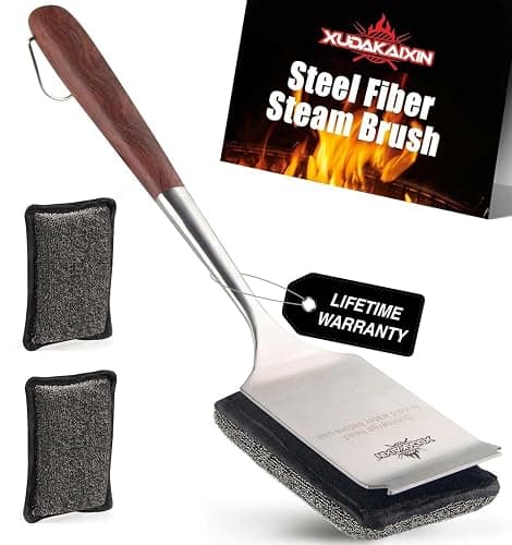 Bristle-Free Steam Cleaning Grill Brush Kit – Luxurious Long Rosewood Handle, Includes 1 Replacement Head – Safe BBQ Grill Cleaning for Outdoor Grill – Great Gift for Men/Dad - Image 1