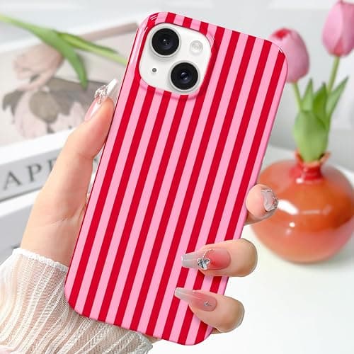 Hython for iPhone 14 Case & iPhone 13 Case Cute Striped Aesthetic Design Simple Stripes Cover 6.1", Thin Slim Soft TPU Bumper Shockproof Rubber Protective Phone Cases Women Girls Girly, Pink and Red thumbnail 2