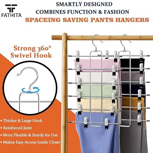 Closet-Organizers-and-Storage,6 Tier Pants-Hangers-Space-Saving,Skirt-Hangers with Clips for Closets Organizer,College-Dorm-Room-Essentials,2 Pack Closet Storage Clothes Shorts Jean Hanger - 2 Pack-silver thumbnail 3