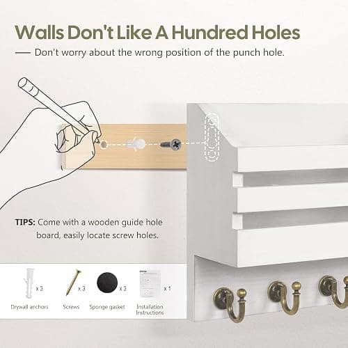 FifthQuarter Key Holder Wall Mount: Key and Mail Holder for Wall with 6 Hooks and Storage Drawer, Easy Installation Key Rack for Entryway Home Decor (A-White) thumbnail 7